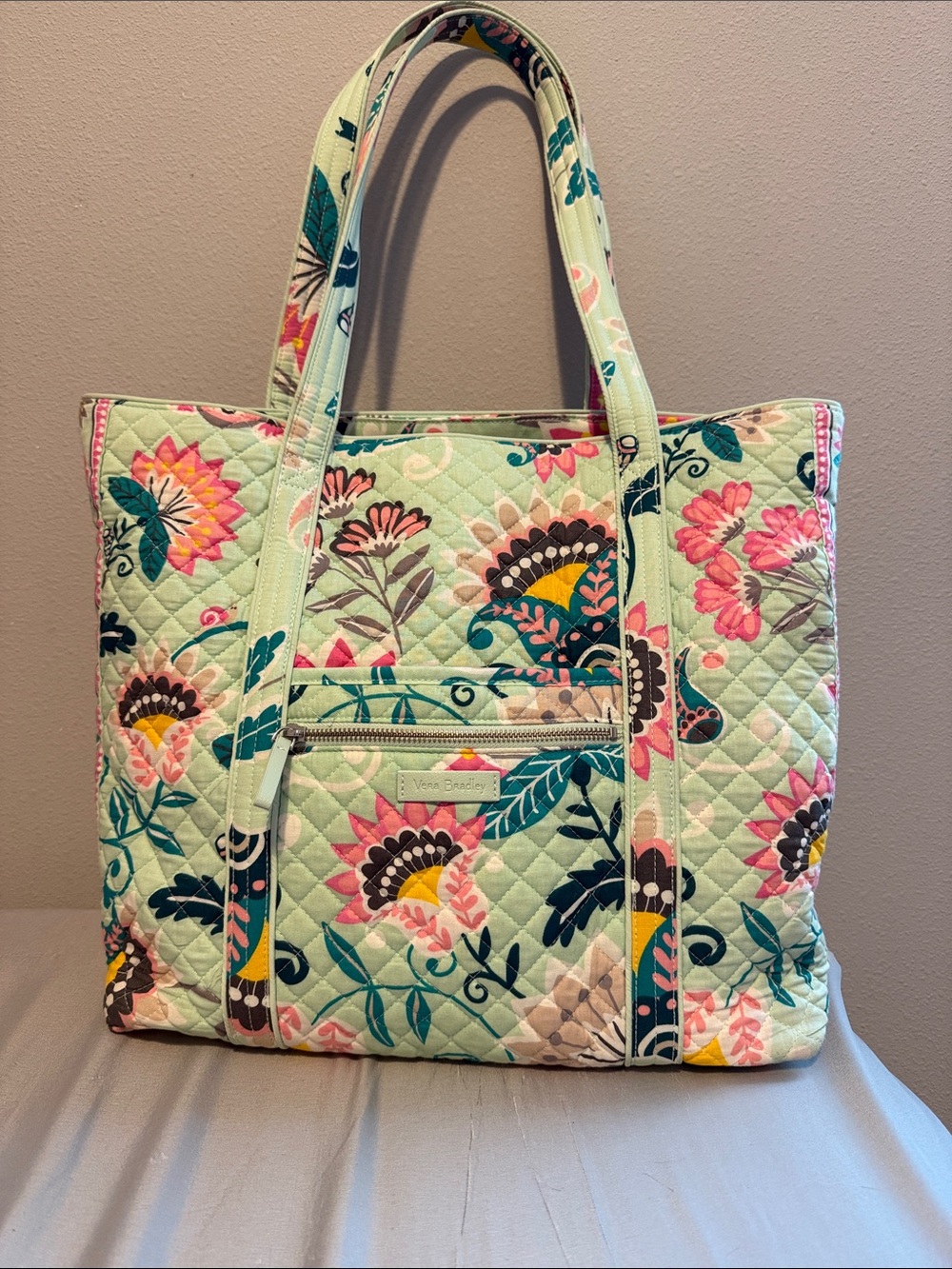 Vera Bradley Mint Flowers Large Vera Tote with Pink & Teal Accents